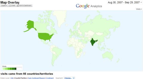 Google’s traffic heat map for atOnePlace.com - NRI from 66 countries in the world, USA, canada, UK, singapore, bahrain etc